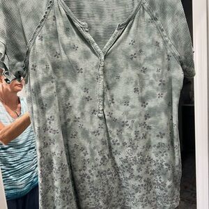 Democracy Sage Green Short Sleeve Henley with Dark Floral Accents